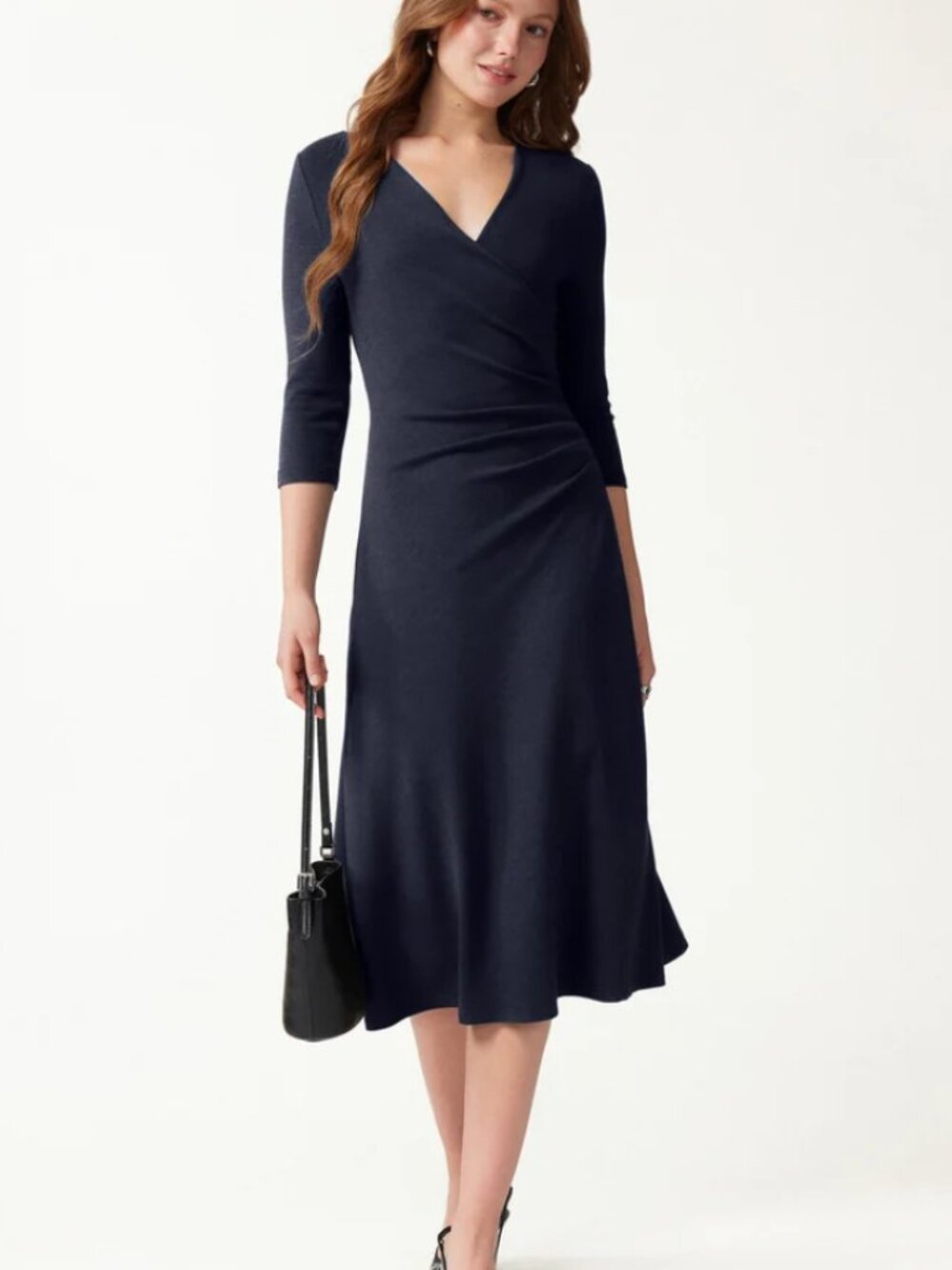 OGL 3/4 Sleeve Side-Tuck Midi Dress Smoky Navy - $79